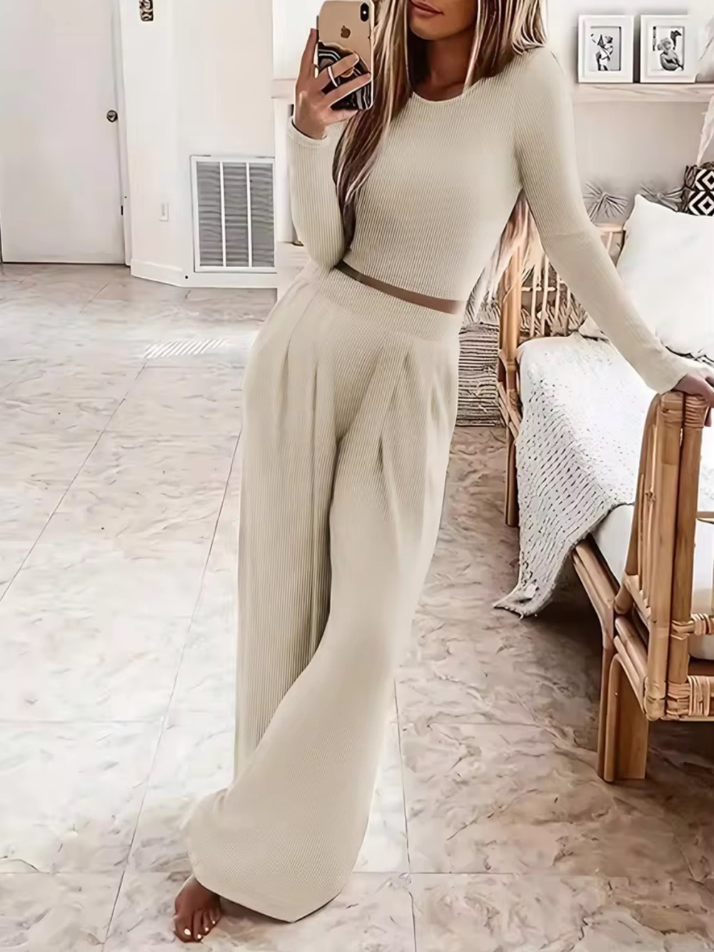 Fashion Nova Ribbed Wide-Leg Knit two piece matching set in Cream small NEW